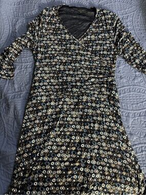 Garnet Hill Black V-Neck Jersey Dress with Cream, Tan and Blue Geo Dots